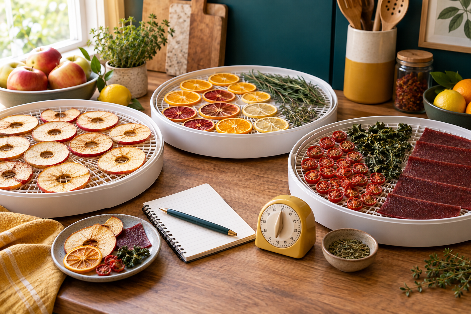 Dehydrator trays with apple rings, citrus, herbs, tomatoes, and fruit leather